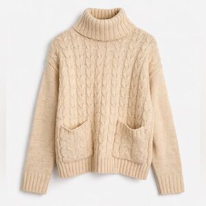 Primark Cream Cable Knit Turtleneck Sweater with Pockets